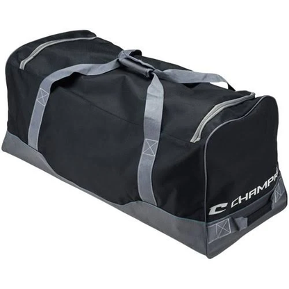 The Champro Sports Ultimate Carry All Equipment Bag (E85) is a large black and gray duffle with two long gray handles, a zippered main compartment, and “CHAMP” plus logo in white—ideal for carrying team equipment.