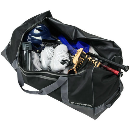 The Champro Sports Ultimate Carry All Equipment Bag (E85) is a spacious black duffle, ideal for team gear. Unzipped, it neatly displays a helmet, cleats, glove, bat, water bottle, and belts organized inside.