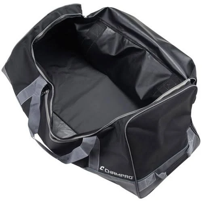 The Champro Sports Ultimate Carry All Equipment Bag: E85 is a large, empty black equipment bag with gray handles, a zippered side pocket, and the Champro logo in white on the front corner.