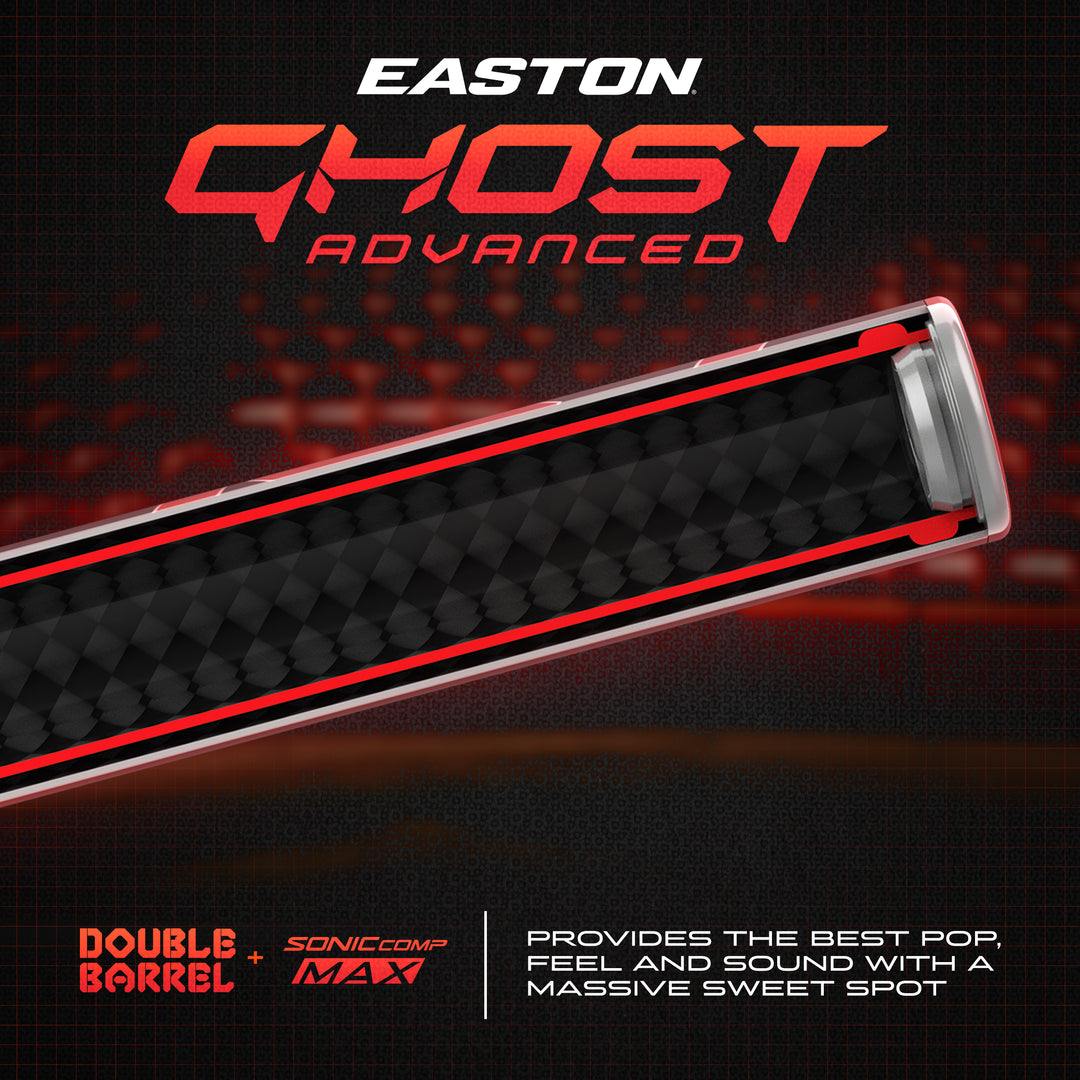 Easton Ghost Advanced fastpitch softball bat with red and black design on a dark background