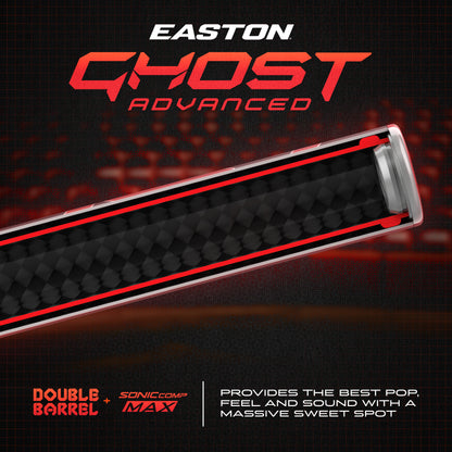 Black and red text on a matching background spotlights the 2026 Easton Ghost Advanced (-10) Fastpitch Softball Bat (EFP6GHAD10), showcasing its innovative Double Barrel construction.