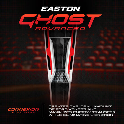 A close-up of the 2026 Easton Ghost Advanced (-8) Fastpitch Softball Bat (EFP6GHAD8), in red and black, highlights its Double Barrel construction and Connexion Evolution tech with blurred stadium seats in the background.