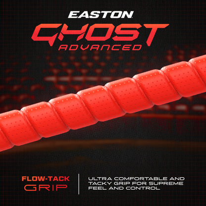 A close-up of the Easton Ghost Advanced (-8) Fastpitch Softball Bat's red, textured sports grip features "Easton Ghost Advanced" above and Flow-Tack Grip details to the right, highlighting this advanced Easton bat on a dark background.