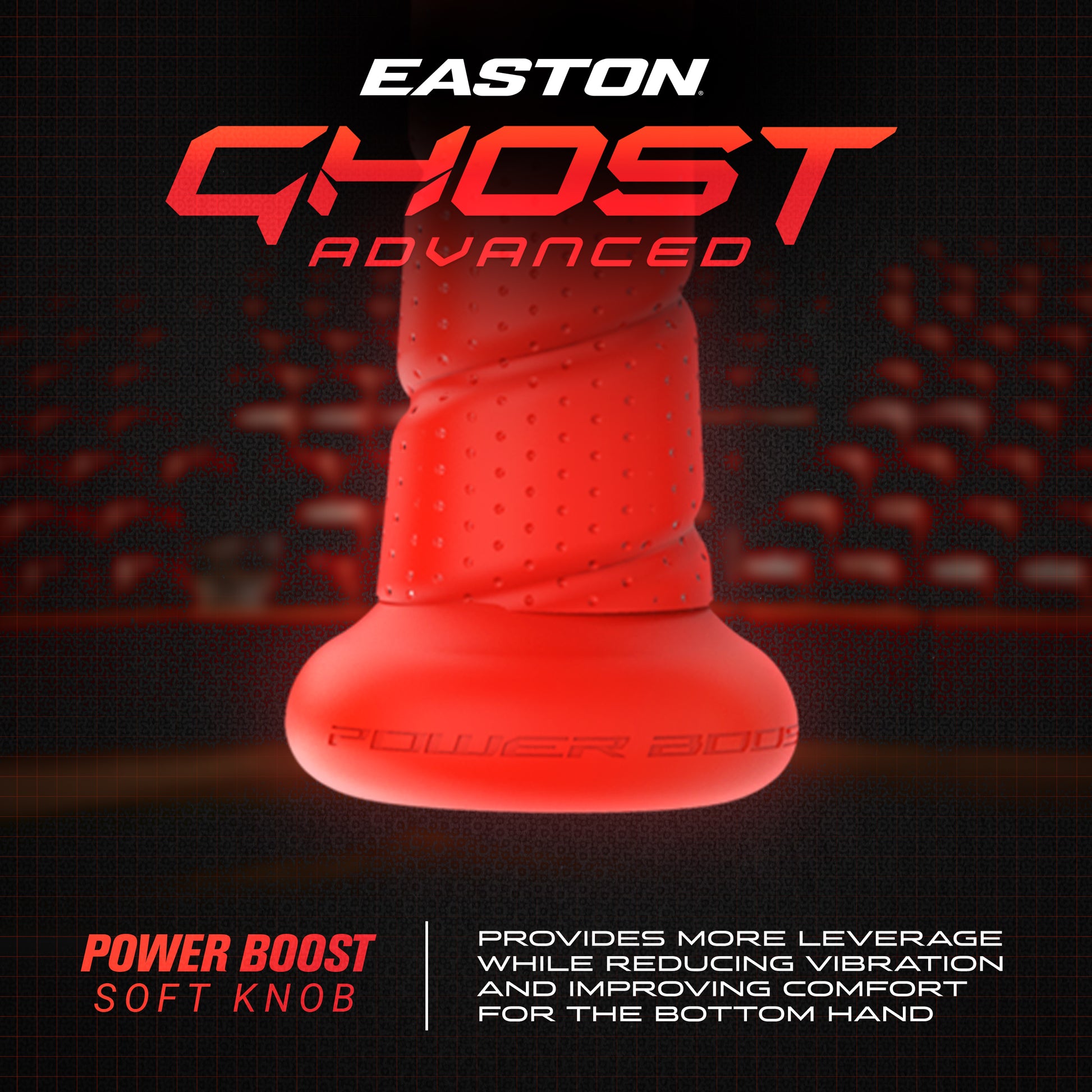 Close-up of the red Power Boost soft knob on the 2026 Easton Ghost Advanced (-8) Fastpitch Softball Bat, enhancing leverage, reducing vibration, and increasing comfort, paired with Double Barrel construction for top performance.