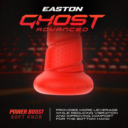 Close-up of the red Power Boost soft knob on the 2026 Easton Ghost Advanced (-8) Fastpitch Softball Bat, enhancing leverage, reducing vibration, and increasing comfort, paired with Double Barrel construction for top performance.