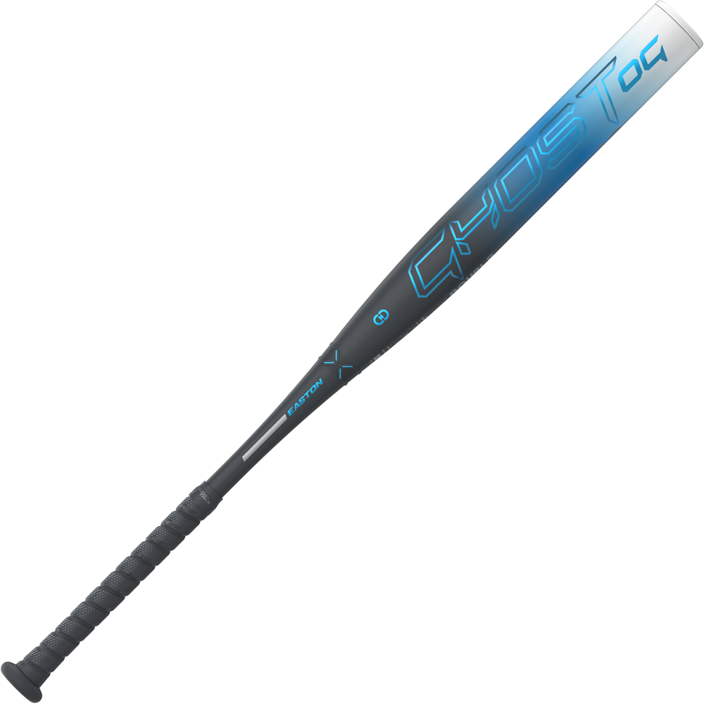 The 2025 Easton Ghost OG (-10) Fastpitch Softball Bat (EFP5GHOG10 DEMO) features a black and silver design with blue accents, bold "GHOST OG" lettering, Double Barrel construction, and a black grip tape-wrapped handle.