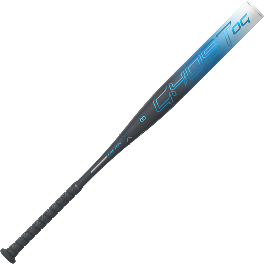 The 2025 Easton Ghost OG (-11) Fastpitch Softball Bat by Easton features a black and blue design, textured grip, Double Barrel construction, and “GHOST” in large blue letters on the barrel.