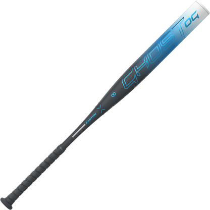 The 2025 Easton Ghost OG (-11) Fastpitch Softball Bat by Easton features a black and blue design, textured grip, Double Barrel construction, and “GHOST” in large blue letters on the barrel.
