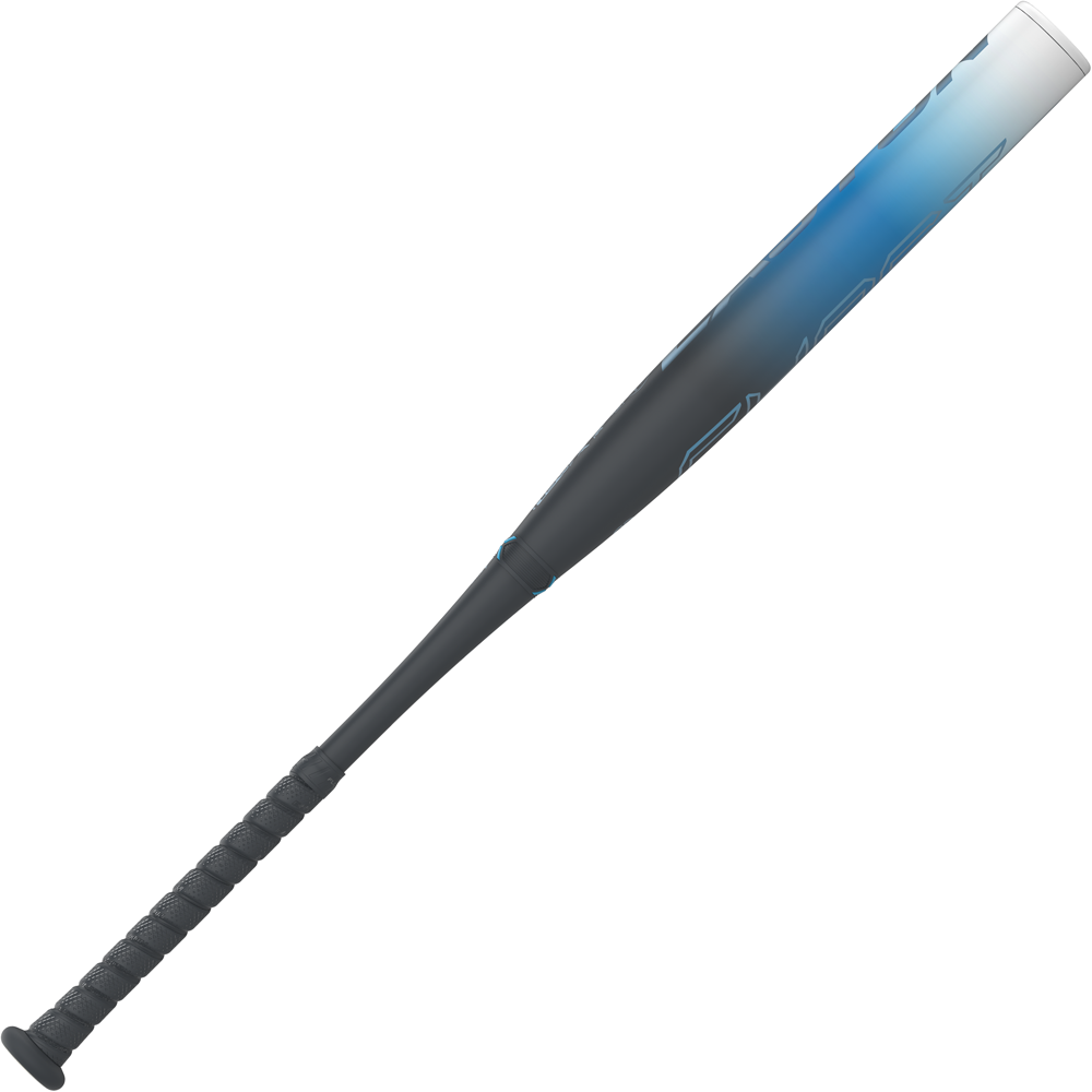 The 2025 Easton Ghost OG (-10) Fastpitch Softball Bat (DEMO) features a black grip, Sonic Comp technology, and a blue and white gradient Double Barrel, all showcased on a white background.