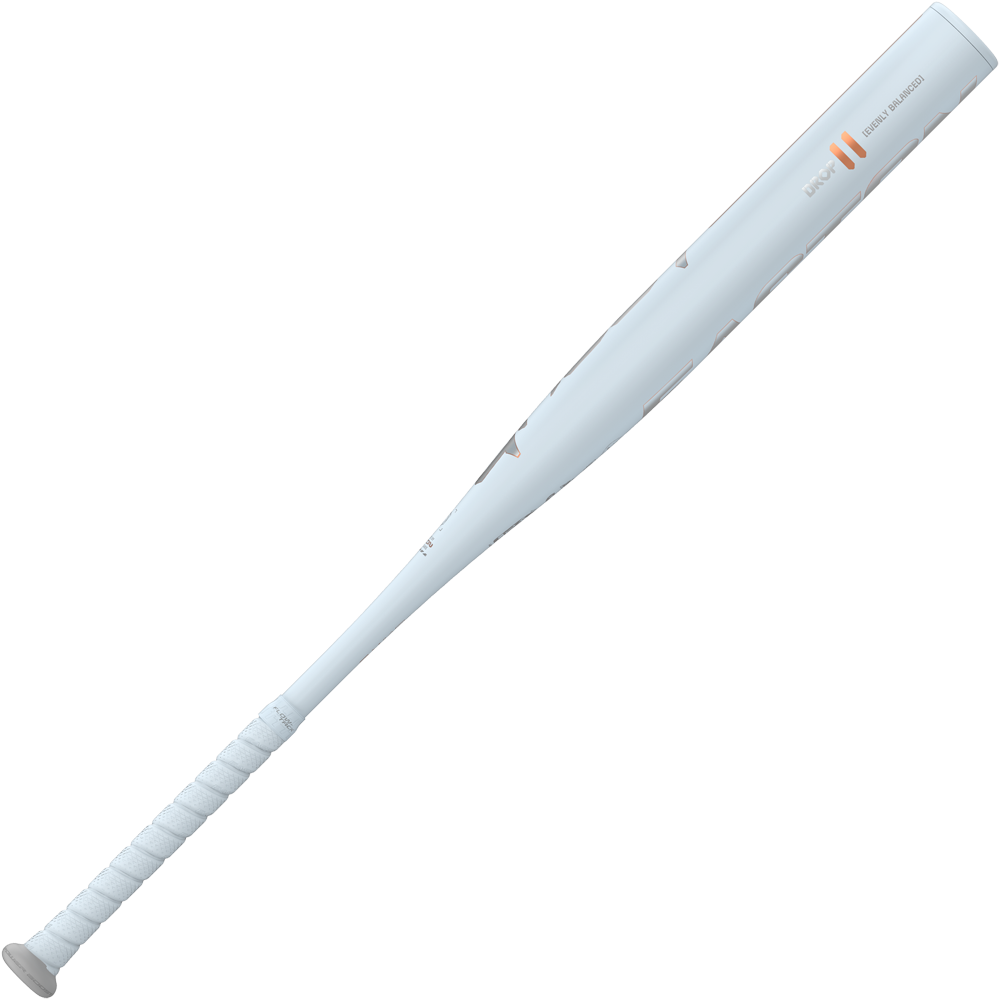 The 2025 Easton Ghost Unlimited (-11) Fastpitch Softball Bat (EFP5GHUL11 DEMO) by Easton features a light gray design with a wrapped handle and orange-gray accents—ideal for players wanting the latest 2025 softball bat.