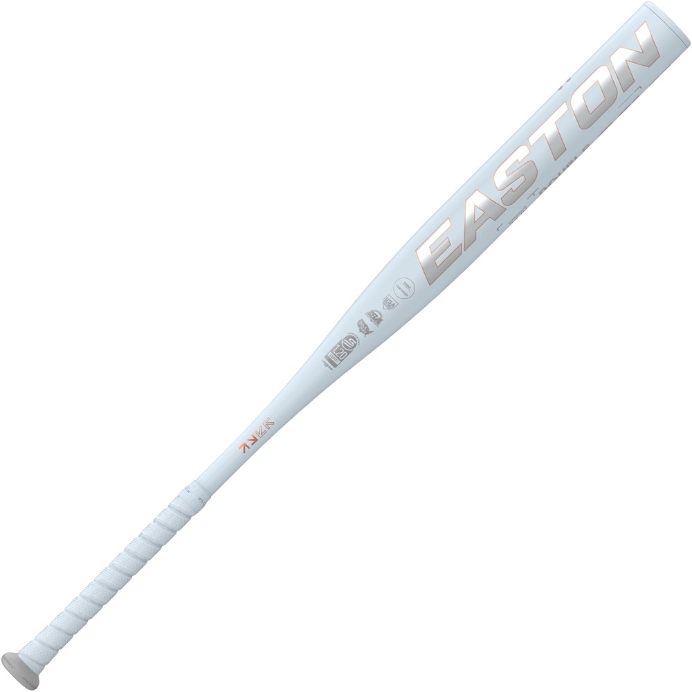 The 2025 Easton Ghost Unlimited (-11) Fastpitch Softball Bat (EFP5GHUL11 DEMO) is a white bat with “EASTON” in large silver letters, a wrapped handle, and several small certification logos near the barrel.