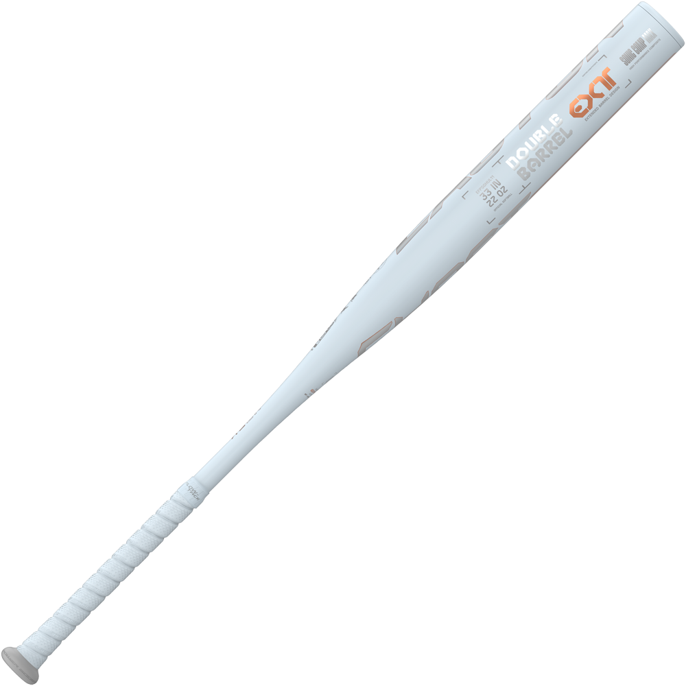 The 2025 Easton Ghost Unlimited (-11) Fastpitch Softball Bat (DEMO) features a silver and white design with orange accents, wrapped grip, and Power Angel and Oxi text on the barrel, echoing Easton's signature style.