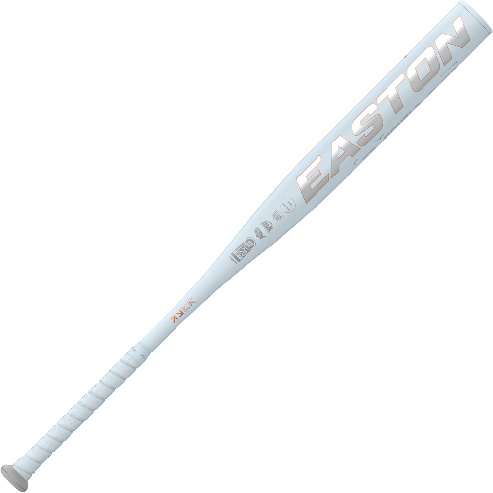 The 2025 Easton Ghost Unlimited (-9) Fastpitch Softball Bat features a white barrel with metallic accents, a wrapped grip handle, and bold Easton branding.