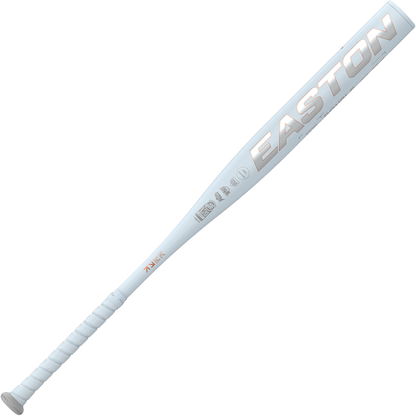 The 2025 Easton Ghost Unlimited (-9) Fastpitch Softball Bat features a white barrel with metallic accents, a wrapped grip handle, and bold Easton branding.