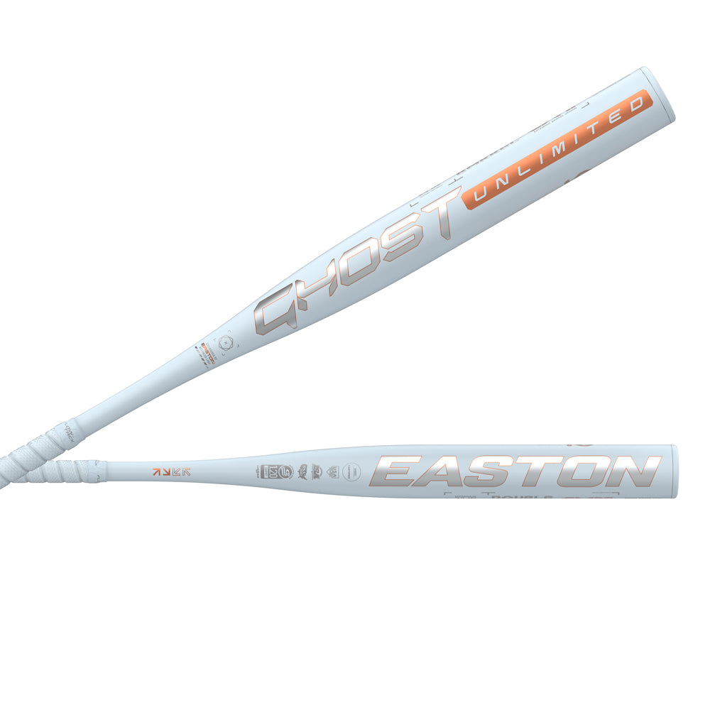 Two views of the 2025 Easton Ghost Unlimited (-10) Fastpitch Softball Bat (EFP5GHUL10) in white, featuring metallic orange and silver lettering with prominent EASTON branding and GHOST UNLIMITED model name on the barrel.