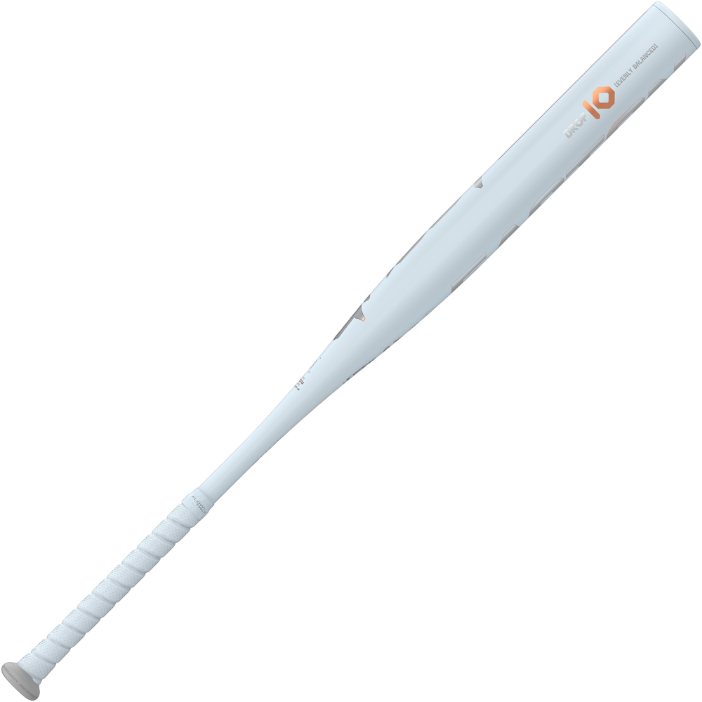 The 2025 Easton Ghost Unlimited (-10) Fastpitch Softball Bat (EFP5GHUL10) by Easton features a light blue design, wrapped handle, and orange logo on the barrel, displayed on a plain white background.