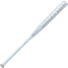 The 2025 Easton Ghost Unlimited (-10) Fastpitch Softball Bat (EFP5GHUL10) features a white design with silver lettering, a wrapped grip handle, and barrel certification markings, shown on a plain white background.