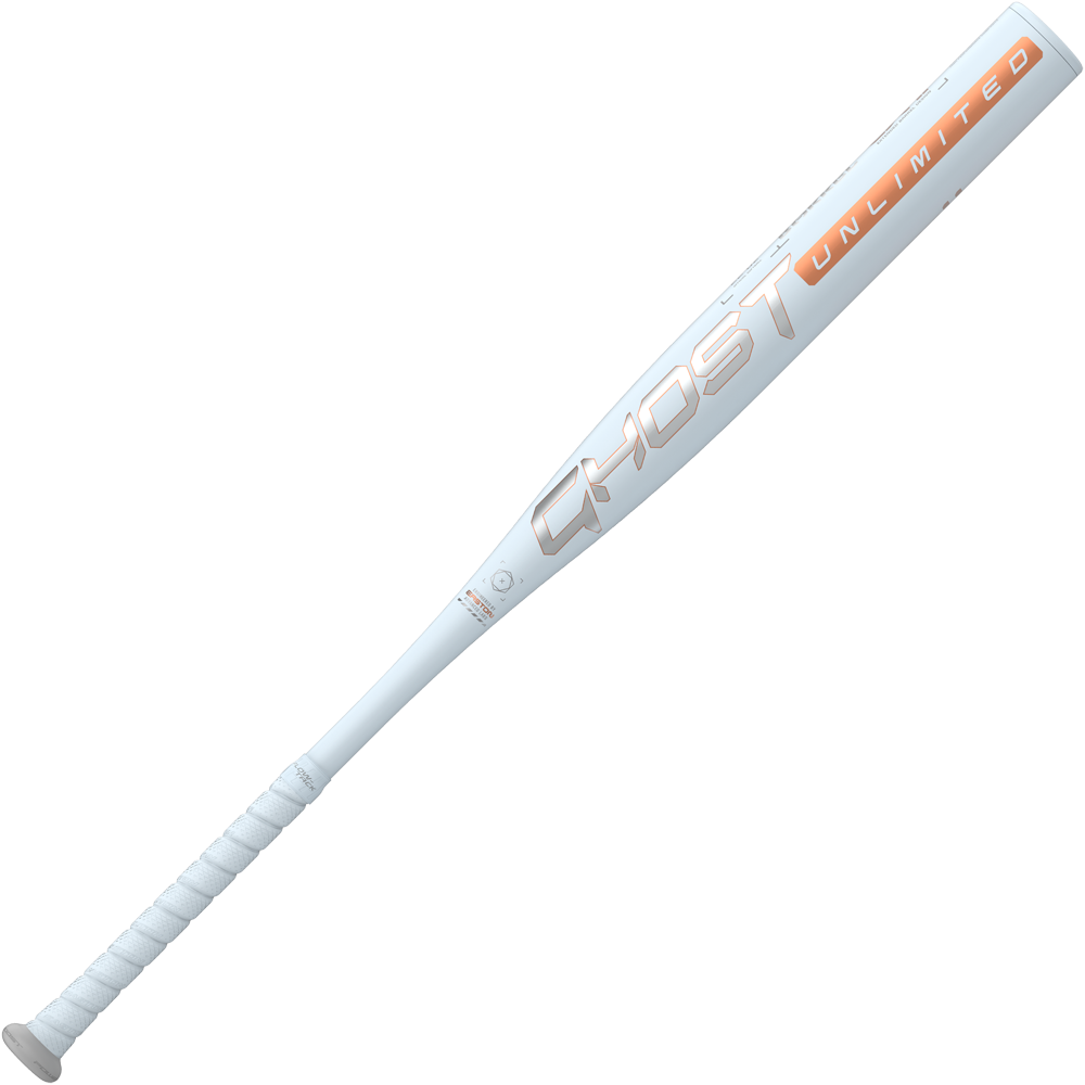 The 2025 Easton Ghost Unlimited (-11) Fastpitch Softball Bat (EFP5GHUL11 DEMO) features a white design with orange and silver accents, bold GHOST and UNLIMITED lettering on the barrel, a textured grip, and a modern look.