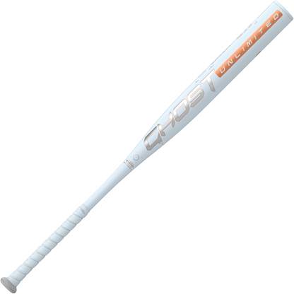 The 2025 Easton Ghost Unlimited (-9) Fastpitch Softball Bat (EFP5GHUL9) features a white design, silver and orange GHOST UNLIMITED graphics on the barrel, a wrapped grip handle, and Easton's modern fastpitch bat style.