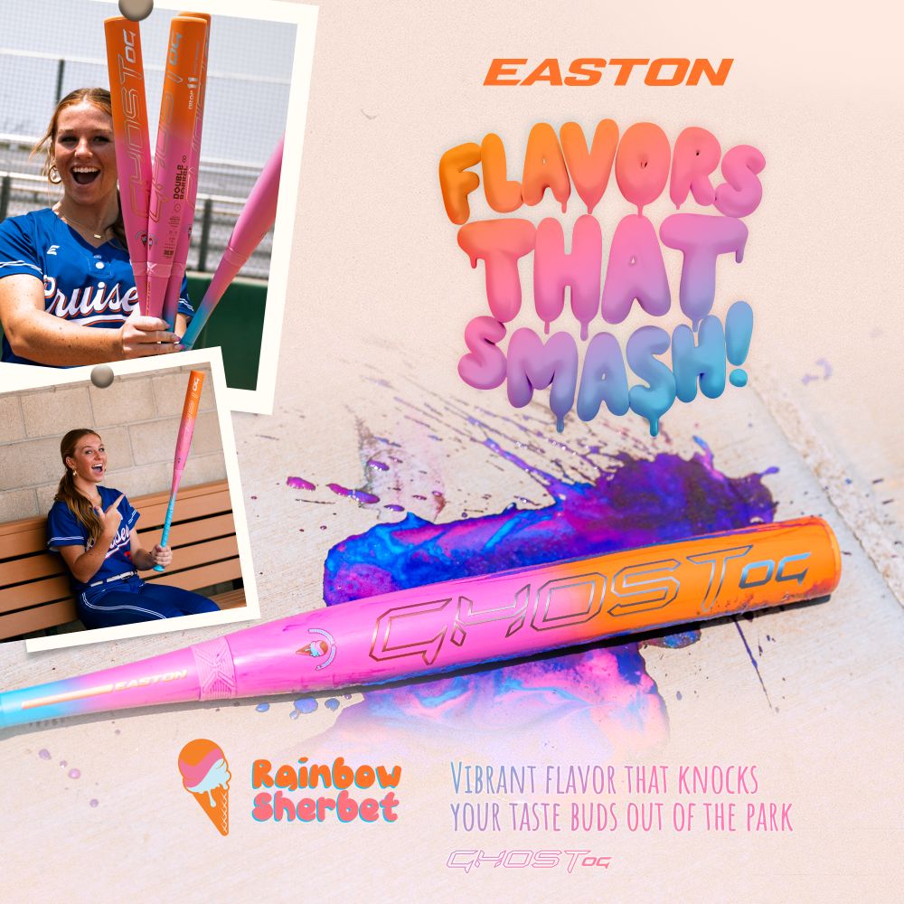 Two female players hold vibrant Easton 2025 Ghost OG Rainbow Sherbet (-11) Fastpitch Bats. The ad’s bold text, “Flavors That Smash!”, highlights the ice cream-inspired bat with Double Barrel tech for standout performance and style.
