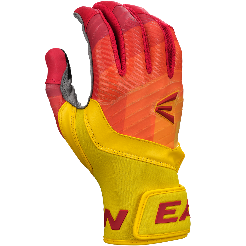 A close-up of Easton Walk Off Ethos Youth Batting Gloves (WO25YBG) in bright yellow and red, featuring an angular design and "EA" on the wrist strap. The durable Easton gloves are displayed against a white background.