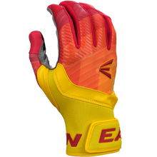 A close-up of Easton Walk Off Ethos Youth Batting Gloves (WO25YBG) in bright yellow and red, featuring an angular design and "EA" on the wrist strap. The durable Easton gloves are displayed against a white background.