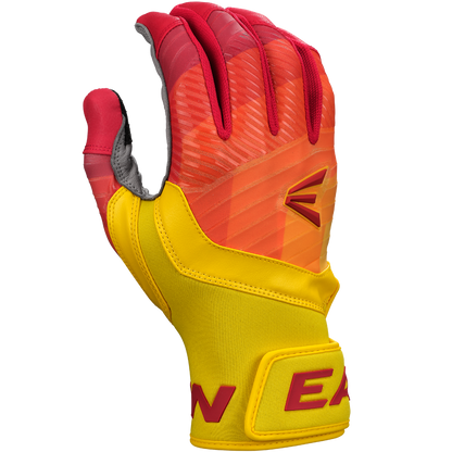 A close-up of Easton Walk Off Ethos Youth Batting Gloves (WO25YBG) in bright yellow and red, featuring an angular design and "EA" on the wrist strap. The durable Easton gloves are displayed against a white background.