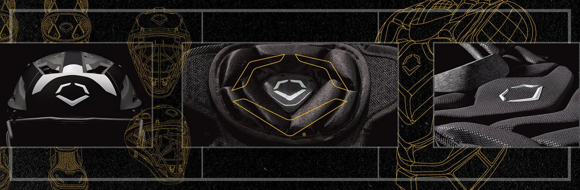 Three close-up images of black sports gear featuring a white angular shield logo, outlined with gold lines and set against a dark, textured background with faint gold illustrations of sports helmets and equipment.