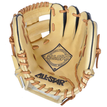 A tan All Star PICK 9.5" FG100TM fielder's training glove features brown laces, black trim, and displays the ALL STAR name and logo in the palm.