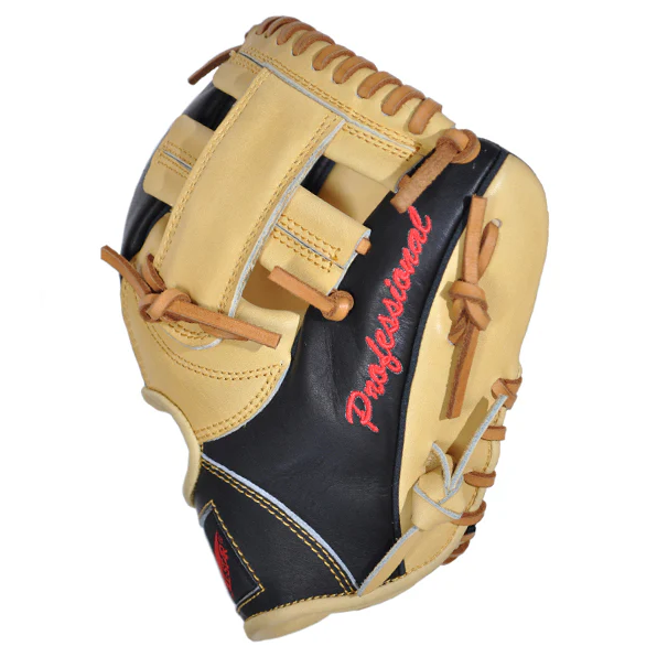 The All Star PICK 9.5" Fielder's Training Glove (FG100TM) by All Star features a tan and black design, brown laces, red stitching, and "Professional" printed on the side.