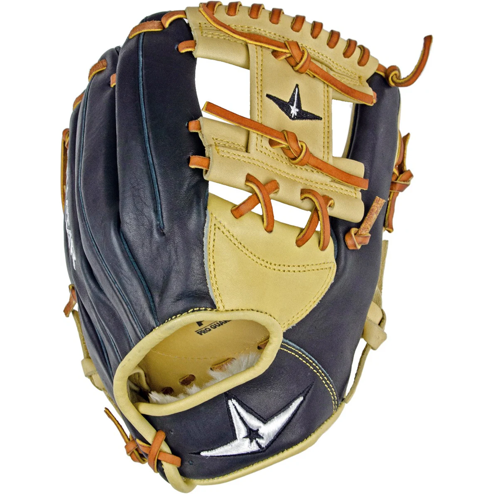 The All Star ANVIL 11.5" Weighted Fielder's Training Glove (FG3500ITM) is a black and tan infield glove with brown laces and an embroidered white star logo on the wrist and back of the hand, shown against a white background.