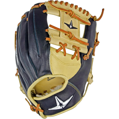 The All Star ANVIL 11.5" Weighted Fielder's Training Glove (FG3500ITM) is a black and tan infield glove with brown laces and an embroidered white star logo on the wrist and back of the hand, shown against a white background.