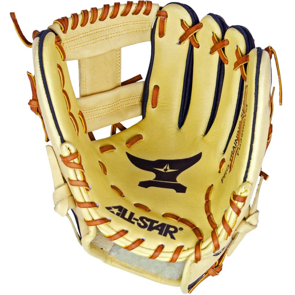 The All Star ANVIL 11.5" Weighted Fielder's Training Glove (FG3500ITM) features a tan infield design with brown laces, black lining, the All Star logo, and an anvil graphic on the palm, shown from above with the pocket open.