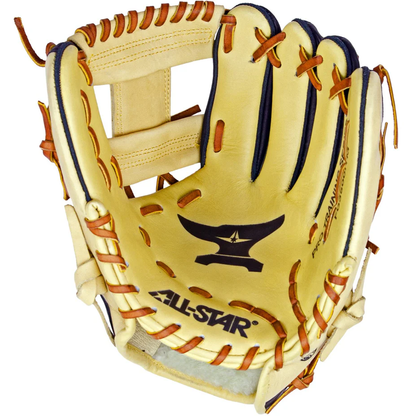 The All Star ANVIL 11.5" Weighted Fielder's Training Glove (FG3500ITM) features a tan infield design with brown laces, black lining, the All Star logo, and an anvil graphic on the palm, shown from above with the pocket open.