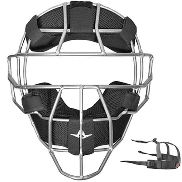 The All Star S7 Umpire Light Weight Face Mask (FM4000-UMP) features a silver steel cage, black moisture-wicking pads, adjustable straps, and comes with an unattached chin strap. Displayed on a white background.