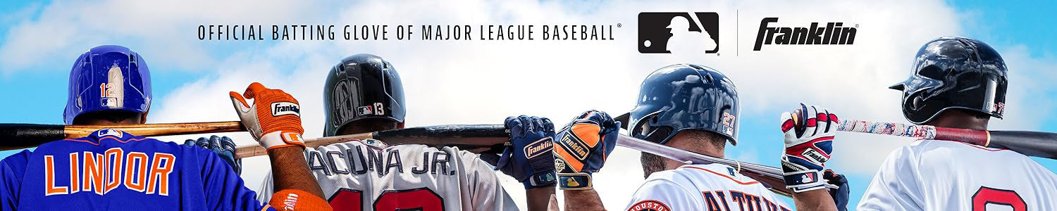 Four baseball players seen from behind, each holding a bat over their shoulders. The text reads “Official Batting Glove of Major League Baseball” with MLB and Franklin logos visible above the players.
