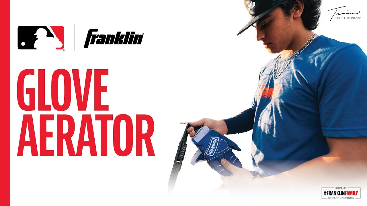 A baseball player in a blue shirt uses a blue Franklin glove aerator device on his glove, with GLOVE AERATOR and MLB and Franklin logos displayed on the left side of the image.