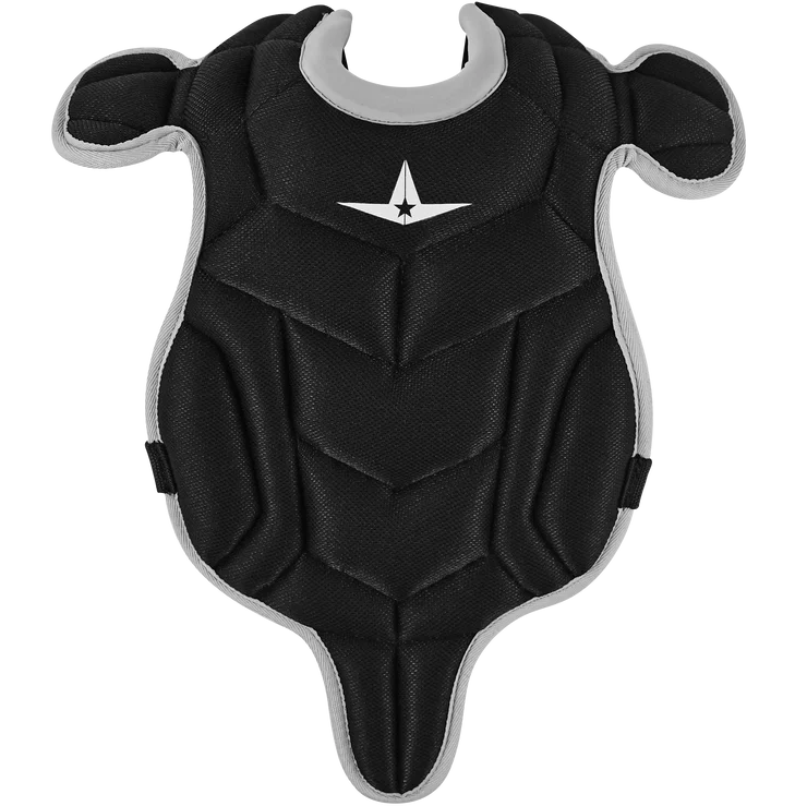 The All Star Future Star Series Catcher's Kit (CK-FS2) by All Star features black padded chest protection with gray trim, a white star emblem, and segmented padding for flexible, full coverage—ideal youth gear for reliable safety behind the plate.