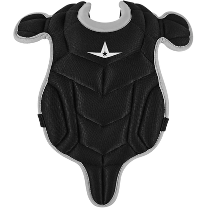 The All Star Future Star Series Catcher's Kit (CK-FS2) by All Star features black padded chest protection with gray trim, a white star emblem, and segmented padding for flexible, full coverage—ideal youth gear for reliable safety behind the plate.