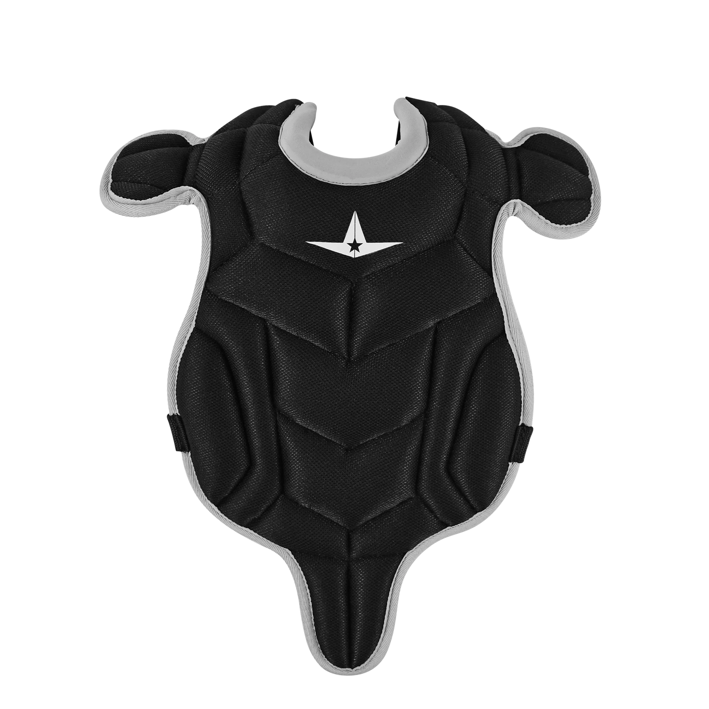 The All Star Future Star Series Catcher's Kit: CK-FS2 features a black, padded chest protector with gray edges and a white star logo at the center, designed for youth catchers, shown on a white background.
