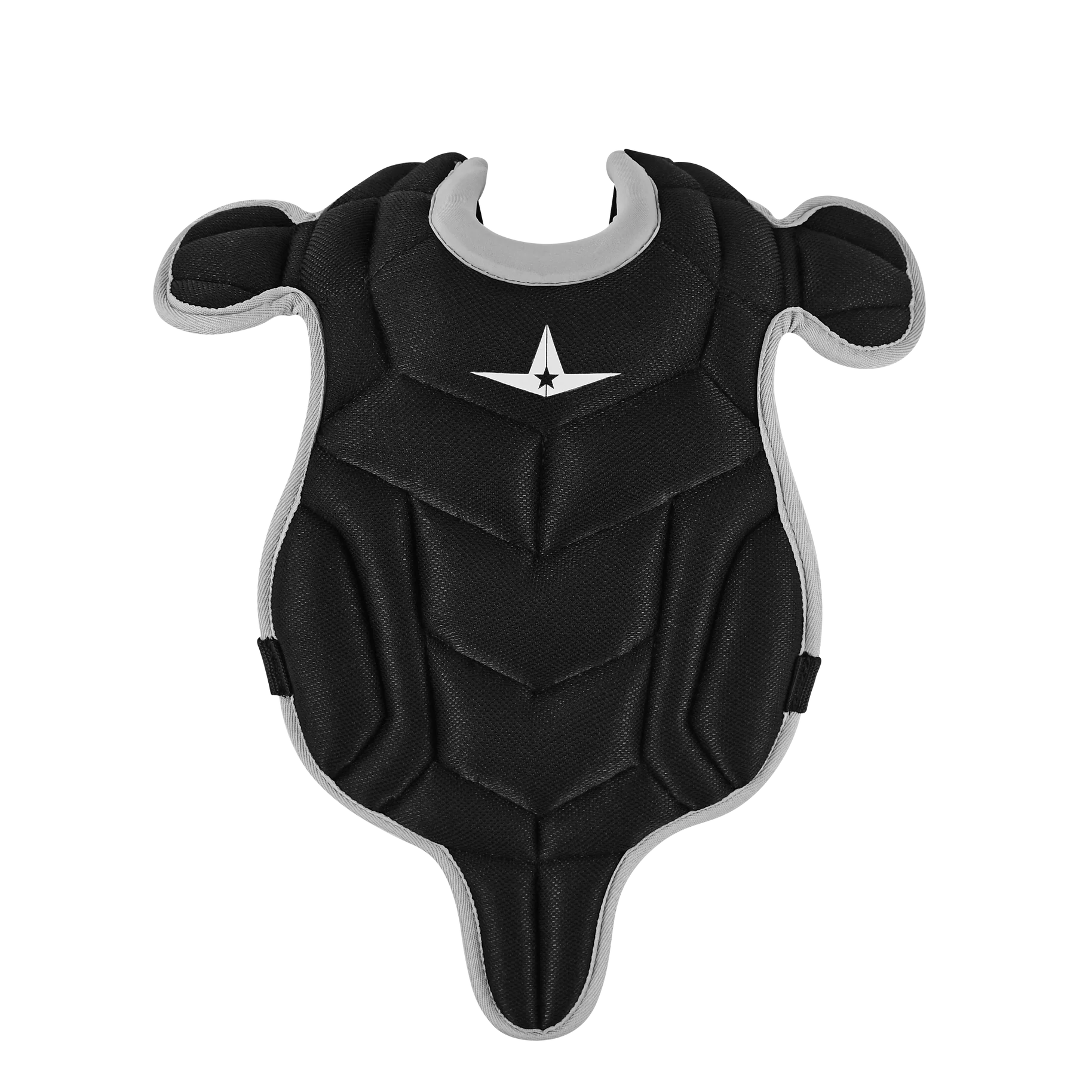 The All Star Future Star Series Catcher's Kit: CK-FS2 features a black, padded chest protector with gray edges and a white star logo at the center, designed for youth catchers, shown on a white background.