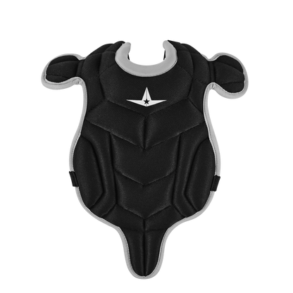 The All Star Future Star Series Catcher's Kit: CK-FS2 features a black, padded chest protector with gray edges and a white star logo at the center, designed for youth catchers, shown on a white background.