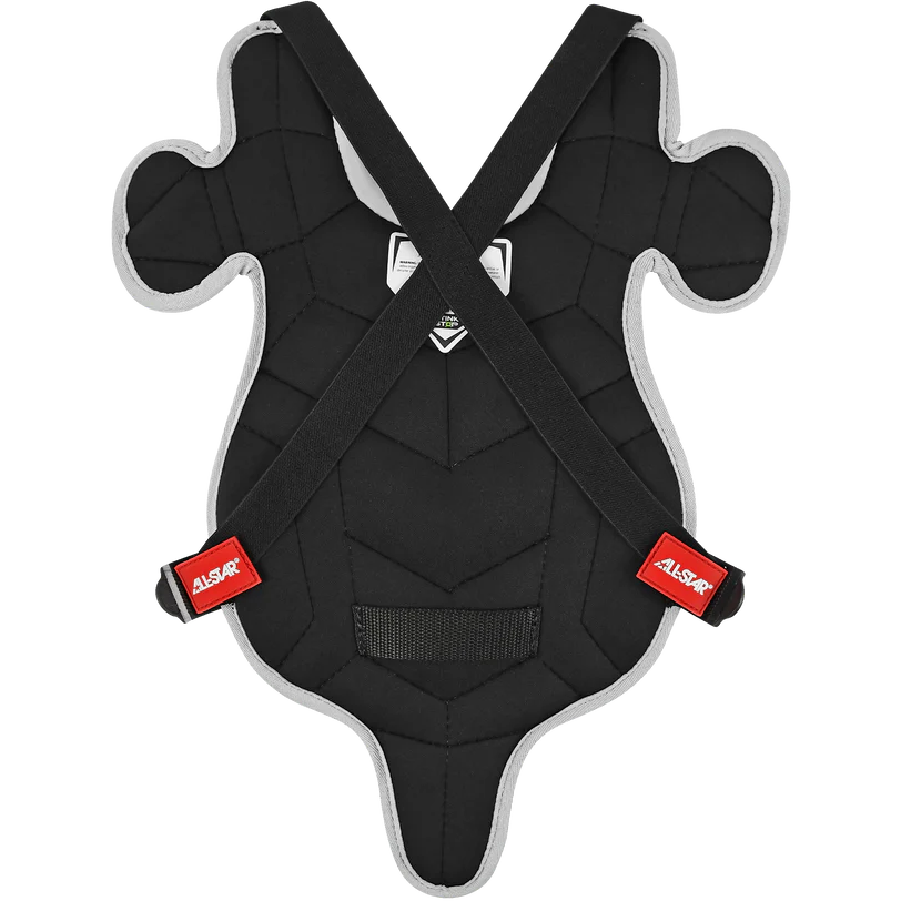 The All Star Future Star Series Catcher's Kit: CK-FS2 by All Star features a black, padded chest protector with crisscrossed shoulder straps, red tags, contoured shape, and light gray trim—ideal for youth sports or safety use.