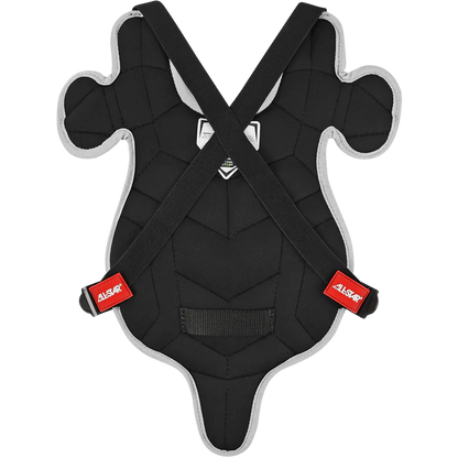 The All Star Future Star Series Catcher's Kit: CK-FS2 by All Star features a black, padded chest protector with crisscrossed shoulder straps, red tags, contoured shape, and light gray trim—ideal for youth sports or safety use.
