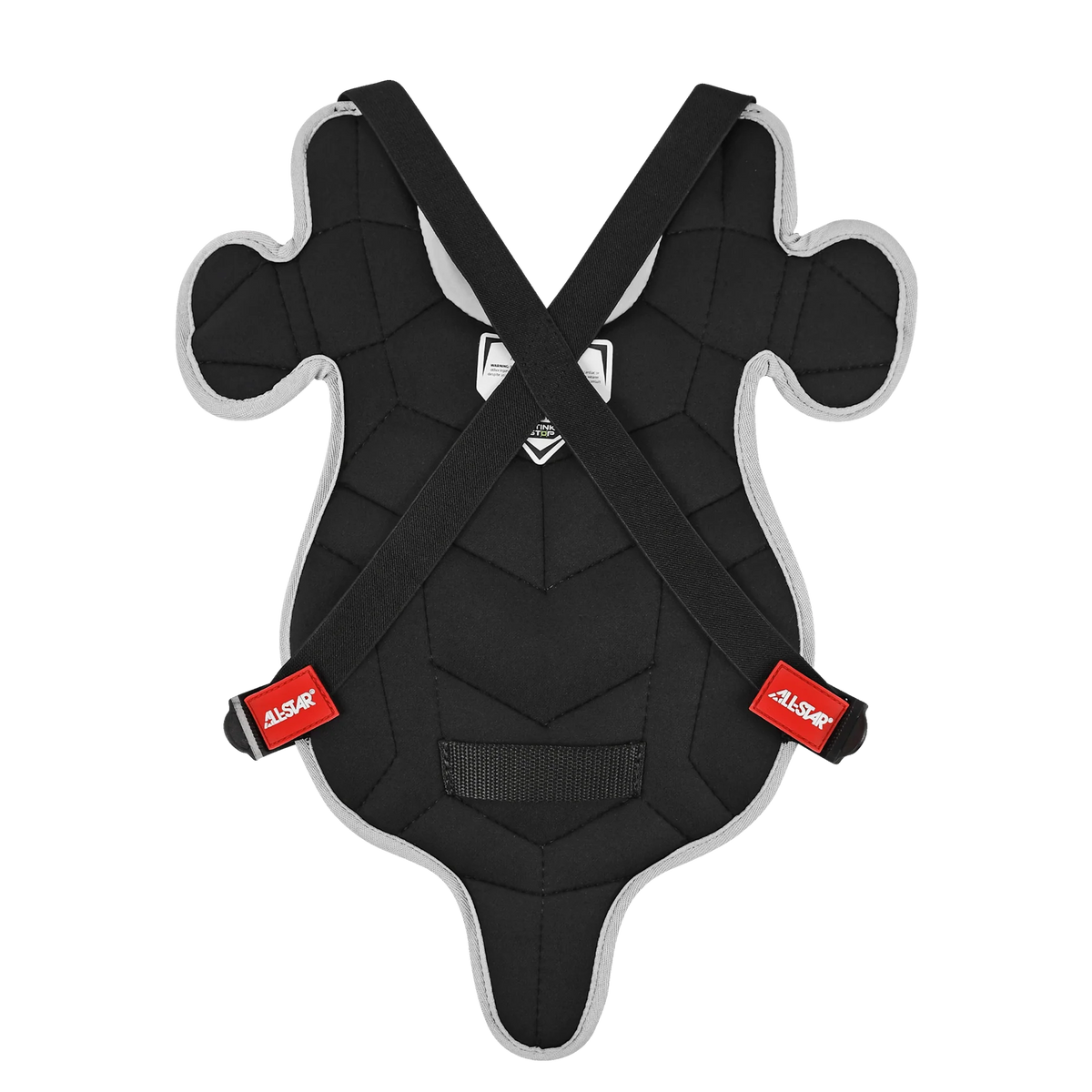 The All Star Future Star Catcher’s Chest Protector: CP-FS features black padding with gray edging, ergonomic shaping to fit the torso, protective shoulder caps, crossed black straps, and two red AISAP labels. Set against a plain white background, this All Star chest protector is ideal for beginner catchers seeking dependable protection behind the plate.