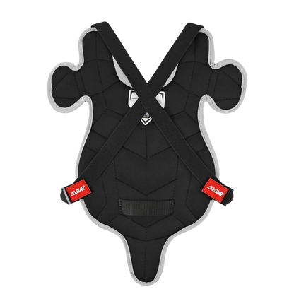 The All Star Future Star Catcher’s Chest Protector: CP-FS features black padding with gray edging, ergonomic shaping to fit the torso, protective shoulder caps, crossed black straps, and two red AISAP labels. Set against a plain white background, this All Star chest protector is ideal for beginner catchers seeking dependable protection behind the plate.