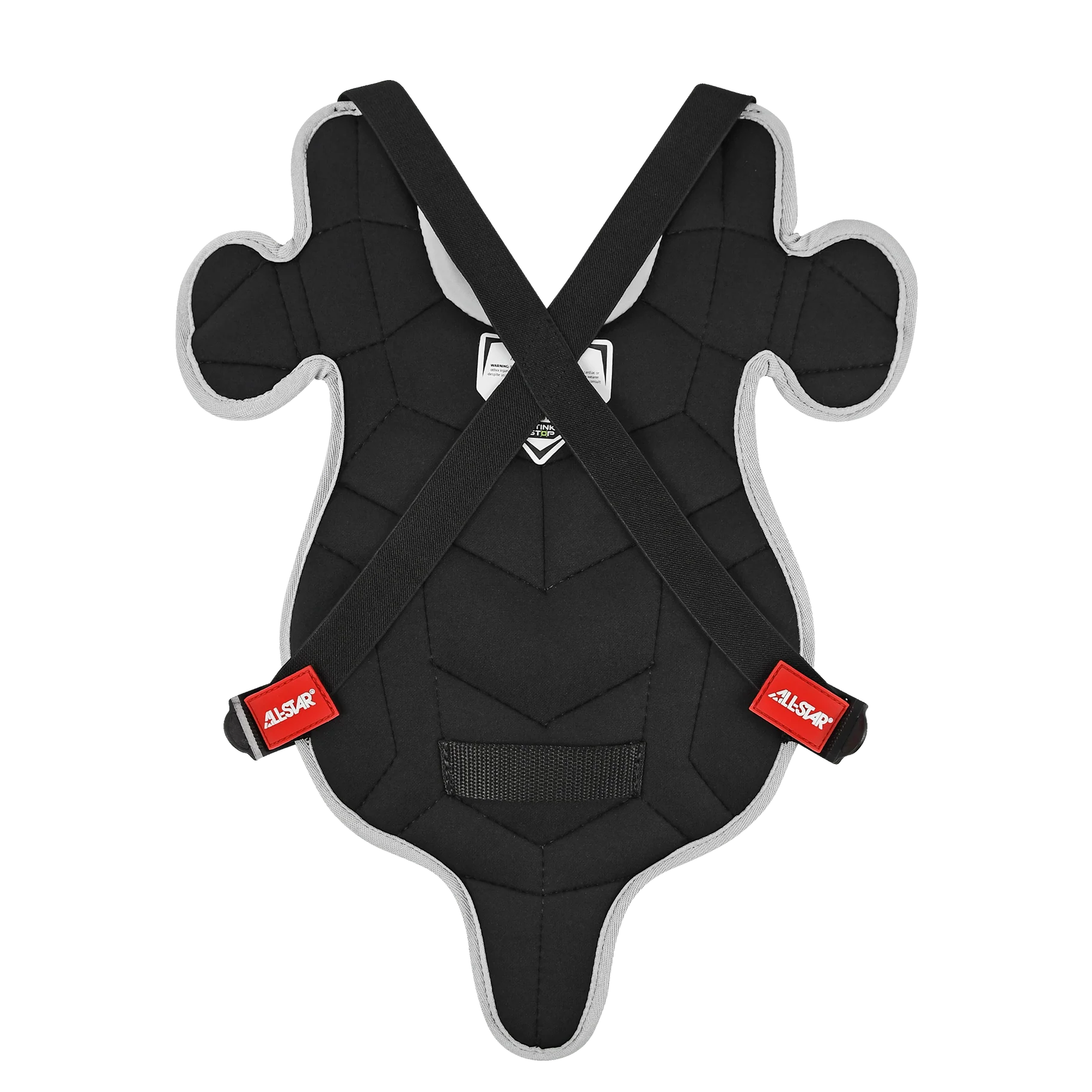 The All Star Future Star Series Catcher's Kit: CK-FS2 features a black padded chest protector with light gray trim, crossed black straps, and two red ALSOK tags—ideal for young catchers.