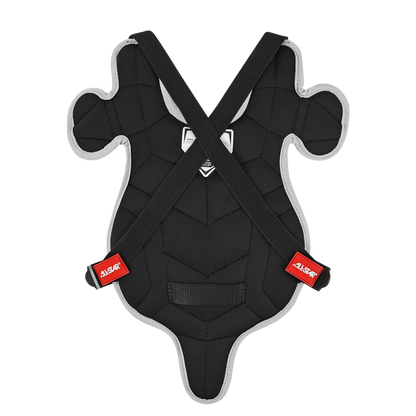 The All Star Future Star Series Catcher's Kit: CK-FS2 features a black padded chest protector with light gray trim, crossed black straps, and two red ALSOK tags—ideal for young catchers.