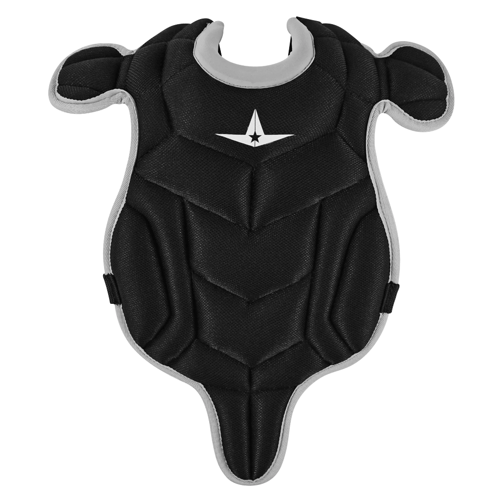 The All Star Future Star Catcher’s Chest Protector (CP-FS) by All Star is a black padded chest protector with gray edges and a white star logo at the top center. Designed for sports or martial arts safety, this garment features protective shoulder caps and provides wide coverage for both shoulders and the lower body—making it ideal for starting catchers or anyone seeking superior protection.
