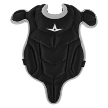 The All Star Future Star Catcher’s Chest Protector (CP-FS) by All Star is a black padded chest protector with gray edges and a white star logo at the top center. Designed for sports or martial arts safety, this garment features protective shoulder caps and provides wide coverage for both shoulders and the lower body—making it ideal for starting catchers or anyone seeking superior protection.
